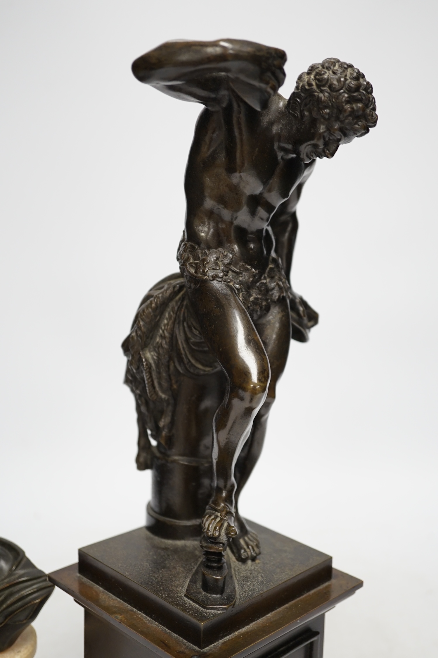 After Isaak Duchemin, a bronze figure of Pan, together with a bust of Apollo, tallest 37cm. Condition - fair